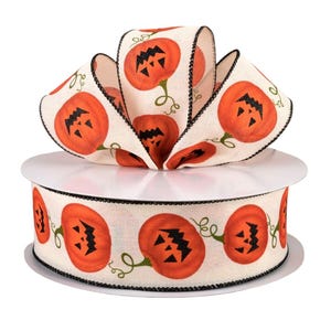 Jack O&#39; lantern wired pumpkin ribbon, 2.5&quot; Halloween ribbon, Fall Ribbon for Bows, Cute Halloween Ribbon. Herman’s Wreaths