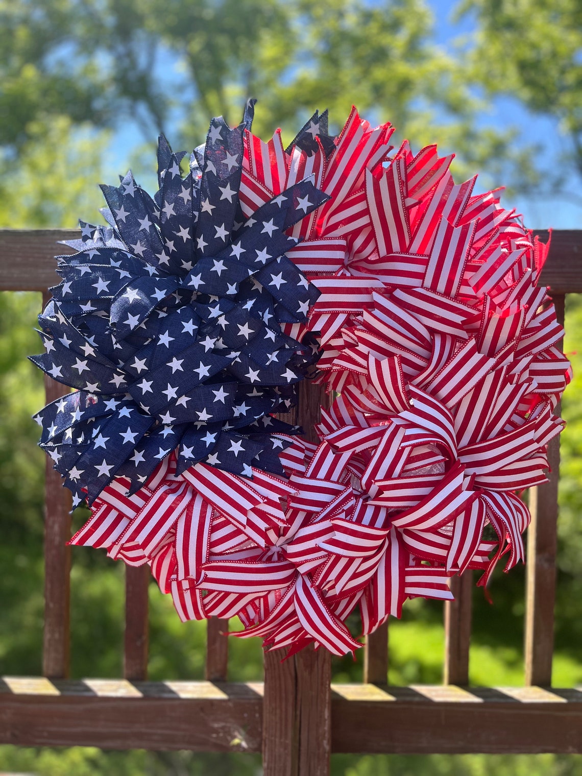 Patriotic American Flag Ribbon Wreath for Front Door, Summer Wreath ...
