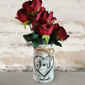 Wedding decorations, centerpiece, mason jar featuring a heart with your initials and date (optional) & a twine wrap and bow (also optional)