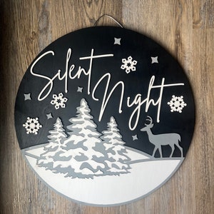 Colgador de puerta de bienvenida de Navidad, Noche de paz nevada Navidad signo de puerta temática de invierno, decoración de vacaciones religiosas, arte de pared de invierno