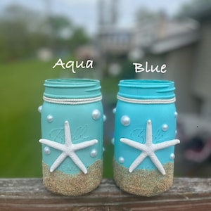 Beach Themed Mason Jar, Starfish Centerpiece for Themed Party, Weddings, Baby Shower