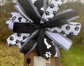 Dog Lantern Bow, Pet /Dog  Decoration, Wreath Bow, Mailbox Bow , Premade Black and White Bow ,Dog Mom Handmade Bow. Herman’s Wreaths