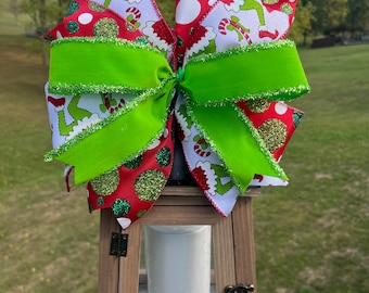 Grinch Christmas  Lantern Bow, Green Monster Bow Decorative Holiday Bow, Wreath Bow, Mailbox Bow , Whimsical  Handmade Bow. Herman’s Wreaths