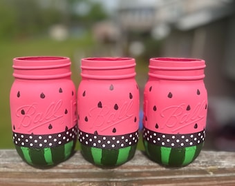 Watermelon Mason Jars (Set of 3), Watermelon Birthday Decor, Pic Nic Decor
