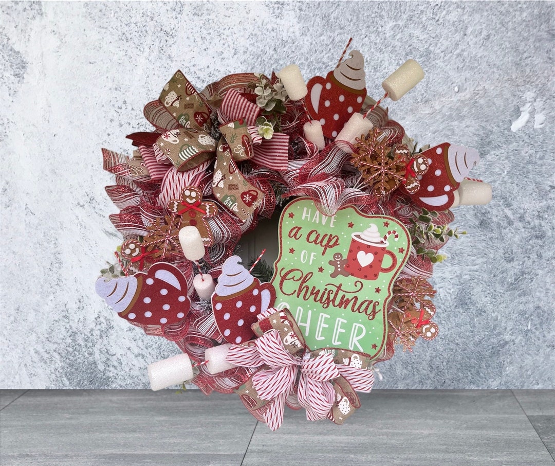 Hot Cocoa and Gingerbread Wreath/ Red and White Christmas Decor/ Herman ...