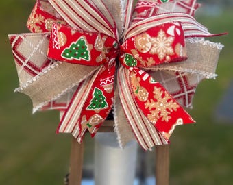 Christmas  Gingerbread  Lantern Bow, Decorative Holiday Bow, Wreath Bow, Mailbox Bow , Rustic Handmade Bow. Herman’s Wreaths