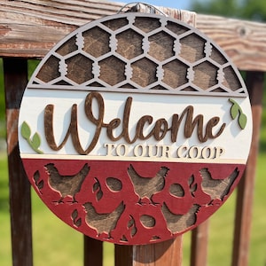 Welcome to our coop chicken door hanger or wall decor, gift for chicken owners, farmhouse decor