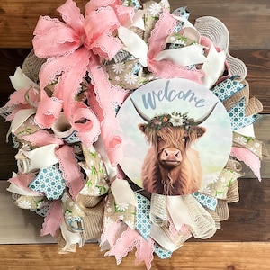 Highland cow Wreath,  boho/farmhouse ribbon wreath for front door, Spring or Summer Wreath , All Seasons Welcome Wreath. Herman's Wreaths