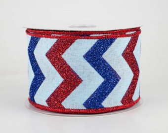 2.5” wired Chevron light blue, red, and blue glitter ribbon , Patriotic ribbon for wreath or bow making