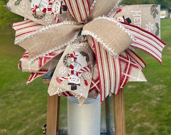 Christmas Snowman  Lantern Bow, Decorative Holiday Bow, Wreath Bow, Mailbox Bow , Rustic Handmade Bow. Herman’s Wreaths