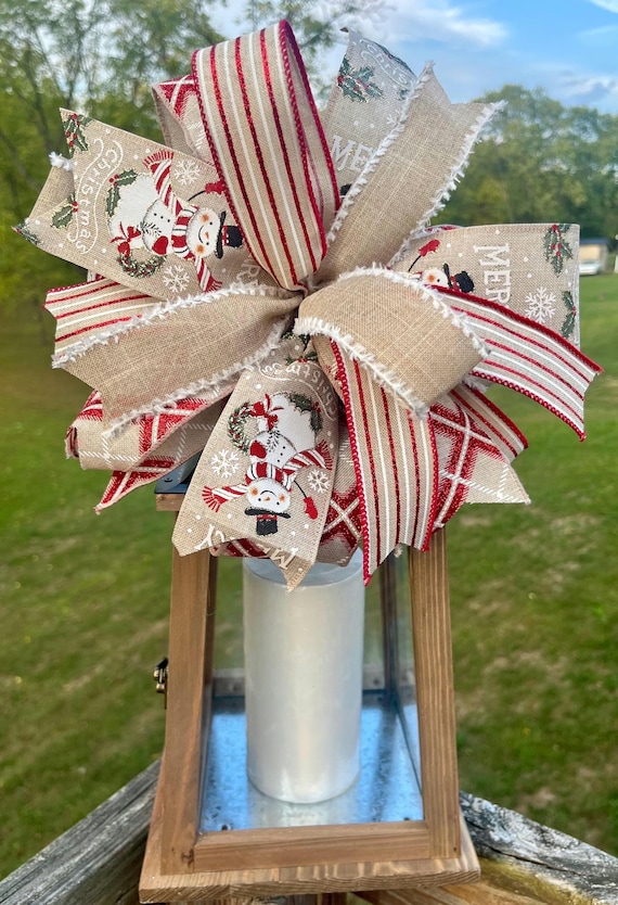 Christmas Snowman  Lantern Bow, Decorative Holiday Bow, Wreath Bow, Mailbox Bow , Rustic Handmade Bow. Herman’s Wreaths