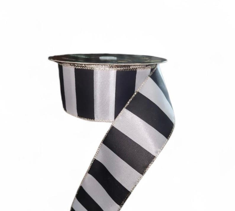 Custom Stipe Ribbon 2.5” Black White Stipe Ribbon With Gold Edge-10 Yards. Wide Stripe ...