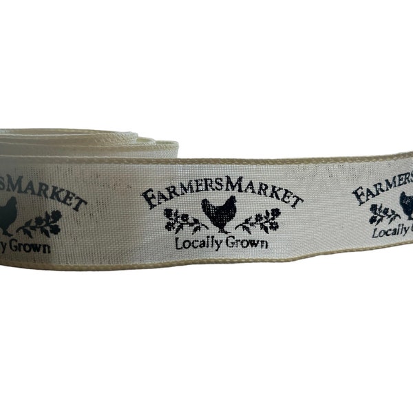 Farmers Market Chicken Ribbon, 1.5" wired ribbon, off white with black print, country/ Farmhouse  ribbon, Hermans Wreaths