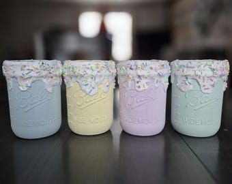 Pastel Candy Land Sprinkle Jars, Sweet One or Sweet 16 Party Decor, Glitter Mason Jars, Baby Shower Centerpiece Mason Jars. Herman's Wreaths