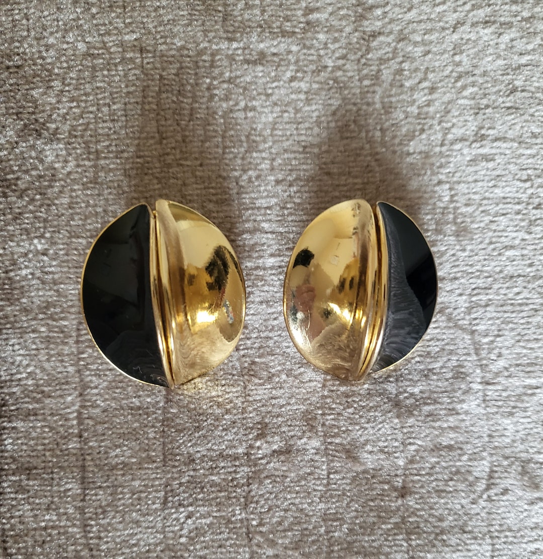 Boucles D'oreilles Clips - Rondes Noires Avec Strass, Métal Doré - Style Type ORENA - Occasion