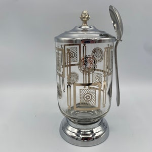 Sohnaco vintage Metal and Glass Condiment or Relish Jar with lid and spoon