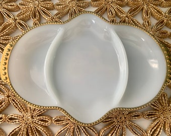 Fire King Milk Glass Divided Tray with Gold Edges