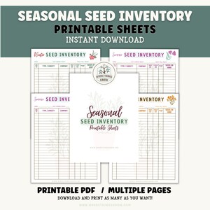 Puede incluir: Hojas de inventario de semillas imprimibles para invierno, primavera y verano. Las hojas están organizadas por tipo, variedad, empresa, última helada de primavera, primera helada de otoño y semillas en stock. Las hojas están diseñadas con un tema floral y el texto "Where Things Grow".