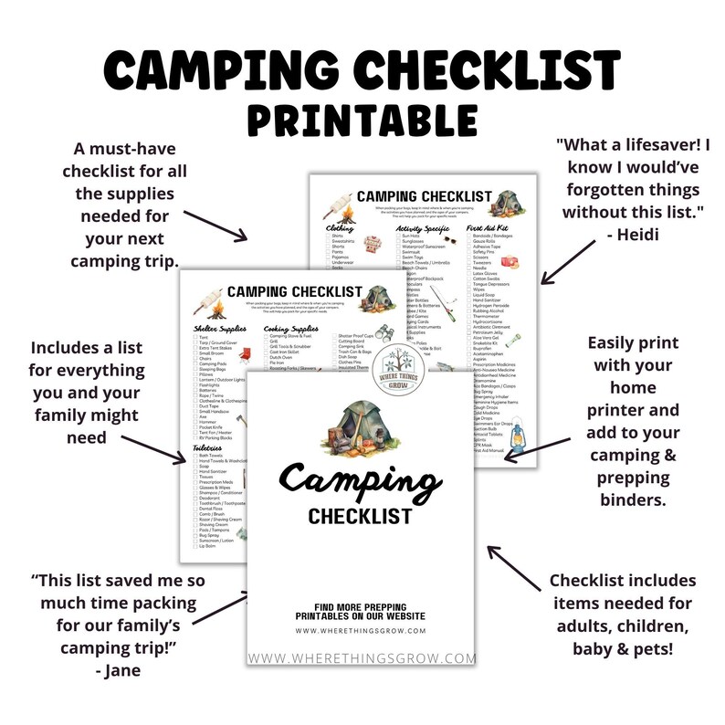 Camping Planner Printable Checklist, Prepper Guide, Camp Packing List, Last Minute Gift for Campers