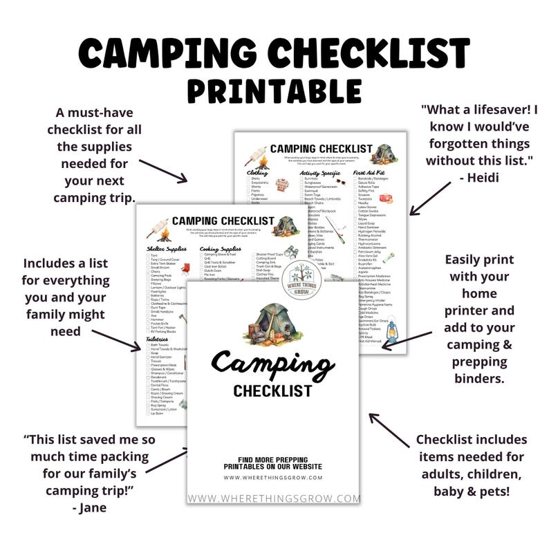 Camping Planner Printable Checklist, Prepper Guide, Camp Packing List, Last Minute Gift for Campers