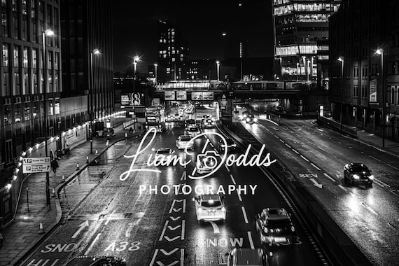 City Traffic at Night Photo Print, Wet Road