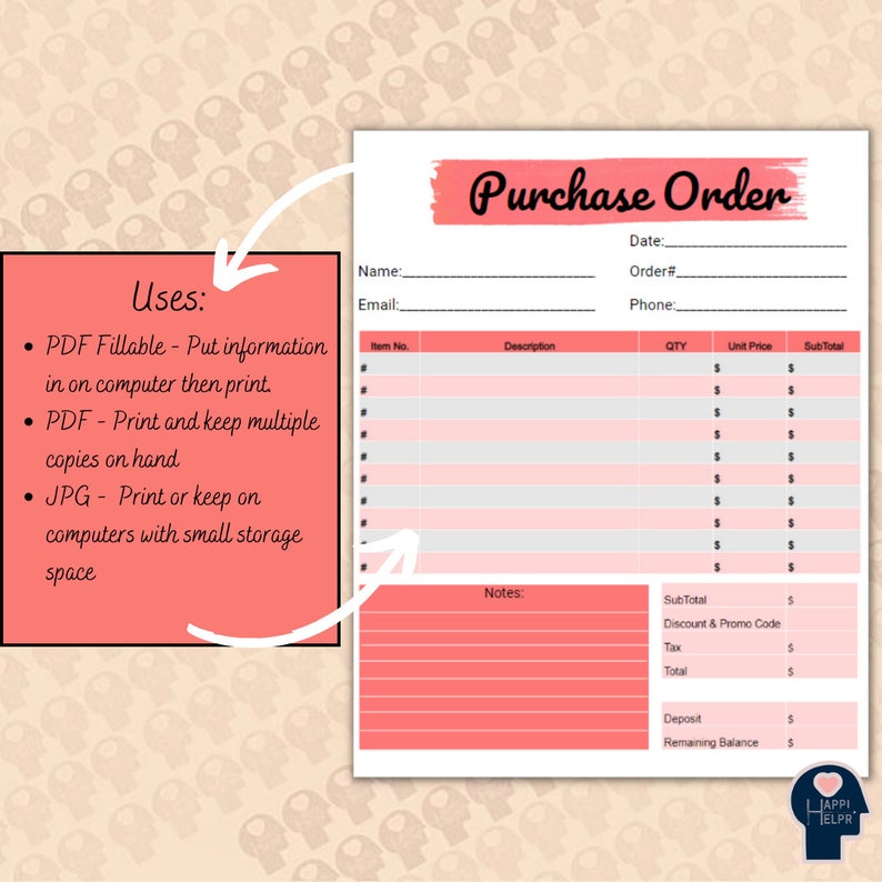 Fillable Purchase Order Template Digital Fillable PDF JPEG Etsy