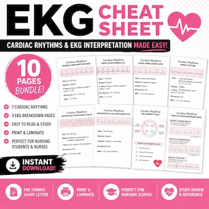 May include: A 10-page EKG cheat sheet bundle featuring cardiac rhythm interpretations, heart rate calculation methods, and the cardiac cycle. The white pages display EKG strips, rates, and intervals with pink accents and text on a white background.