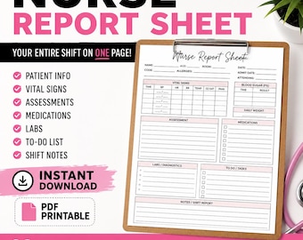 May include: A nurse report sheet template on a clipboard with sections for patient info, vital signs, assessments, medications, labs, and shift notes. The document features black text on a white background with pink accents and headers.