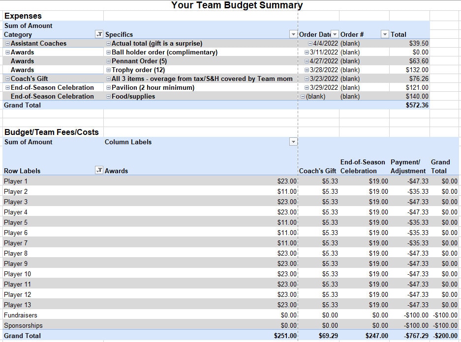 travel baseball team budget spreadsheet