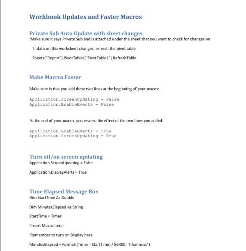 Macro Instructions Excel Macro Tips and Tricks With Real VBA Code - PDF - Etsy