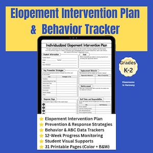 May include: An Elopement Intervention Plan and Behaviour Tracker document displayed on a tablet screen. The form includes sections for student information, goals, prevention strategies, replacement behaviours, and staff responsibilities.
