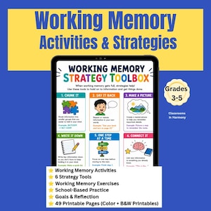 May include: A digital tablet displays a Working Memory Strategy Toolbox infographic with six numbered steps including Chunk It, Say It Back, Make a Picture, Write It Down, One Step at a Time, and Connect It, designed for grades 3-5 students.