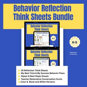 Puede incluir: Un paquete digital titulado Behavior Reflection Think Sheets que incluye dos conjuntos de hojas de trabajo para los grados K-2 y 3-5. El paquete contiene 18 hojas de reflexión, planes de comportamiento, visuales de reparación y formularios.