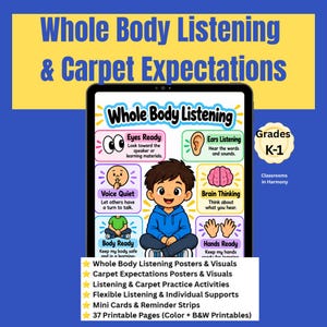 May include: A digital tablet displays a Whole Body Listening poster featuring a central illustration of a child sitting cross-legged. Surrounding the child are icons and text for Eyes Ready, Ears Listening, Voice Quiet, Brain Thinking, Body Ready, and Hands Ready.