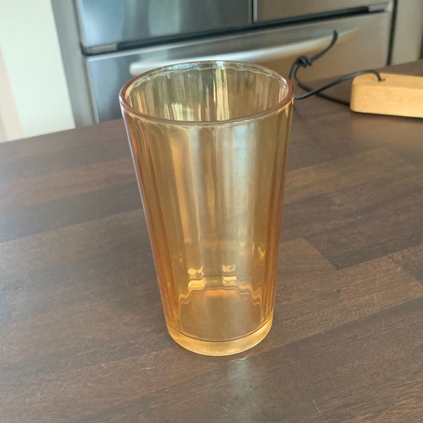 Vintage Tumbler by Jeannette Glass Co - Iridescent Amber with Smooth Exterior & Ribbed Interior - Depression Glass