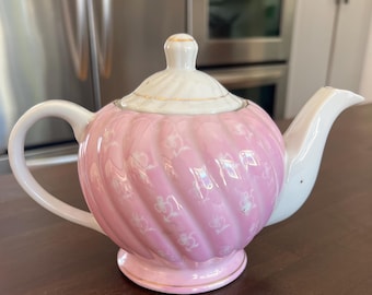 Pink & White Teapot with Gilt Details and Swirl Pattern