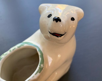 Vintage Polar Bear Planter - Art Pottery Depicting a White Bear Hugging a Tree Stump