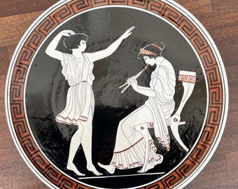 Vintage Greek Collector Plate: Aulos Player & Dancer, Handmade in Greece