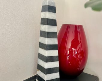 Black & White Striped Marble Obelisk - 14 3/8&quot; Tall - Modern and Timeless Decorative Piece
