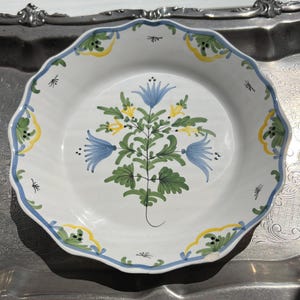 Vintage Plate with Scalloped edges Made in France- Hand Painted -French Provincial Style -9&quot; Diameter - Floral Design in Blue Yellow & Green