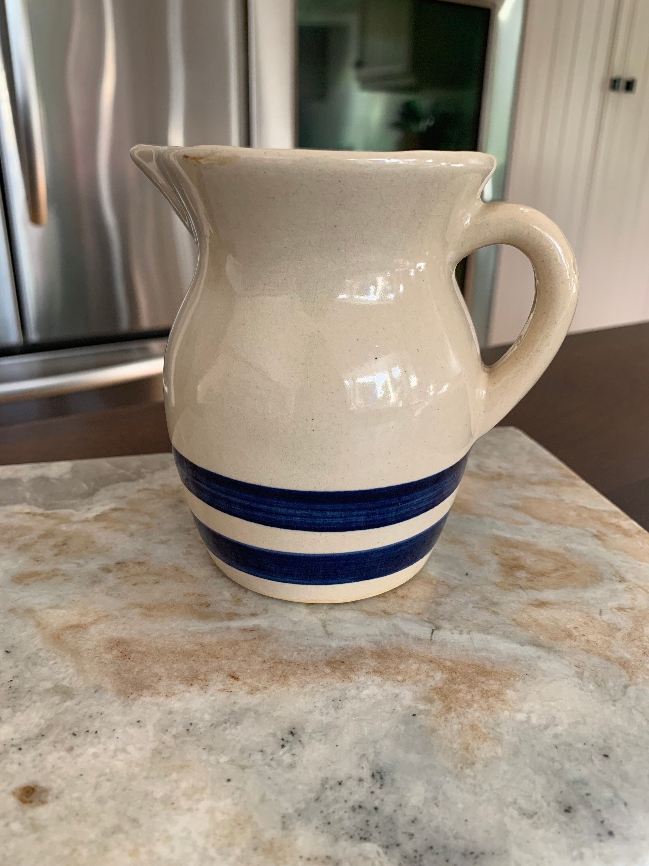 Vintage Blue Striped Pitcher or Creamer- Roseville Ohio Pottery