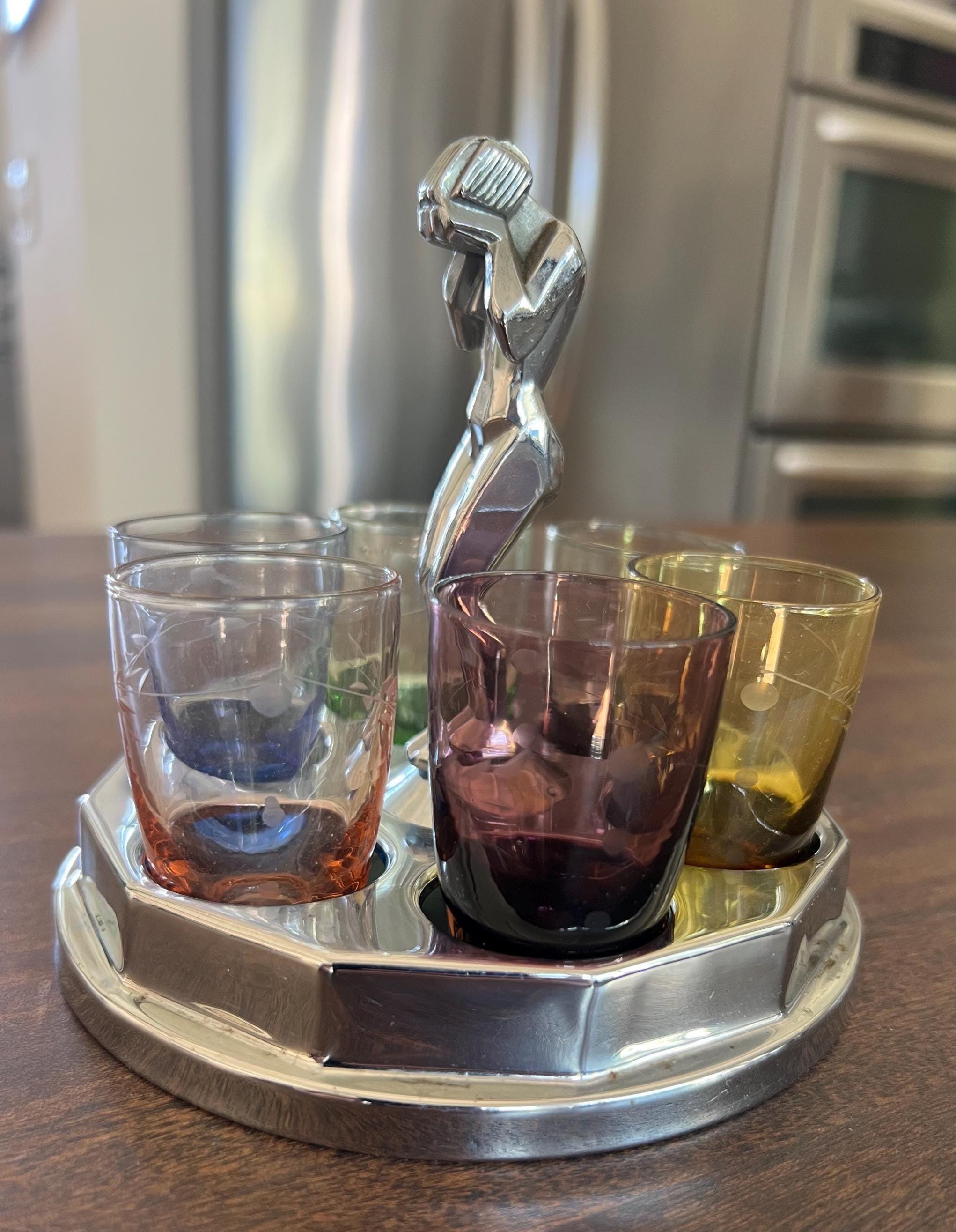 1930s Farberware Art Deco Shot Glass Caddy: Weeping Woman Chrome