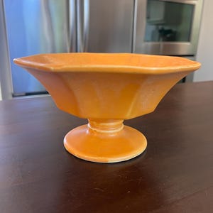 Vintage Hull Pottery Pedestal Planter Bowl, Octagon Flared Tangerine Matte USA
