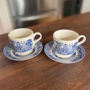 Churchill Blue & White Cup and Saucer Set of 2 - 1989 Made in England -