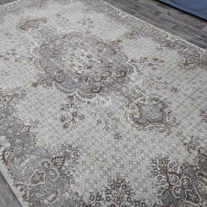 7x11 Vintage Turkish Oushak Rug: Beige Faded Wool Area Rug
