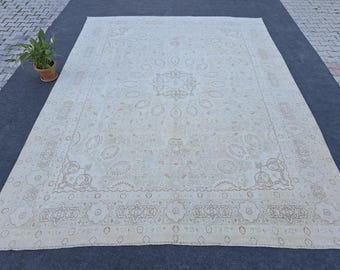 9x12 Vintage Oushak Wool Rug: Neutral Hand-Knotted Turkish Area Rug
