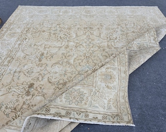10x11 Vintage Square Oushak Rug: Beige Turkish Wool Rug