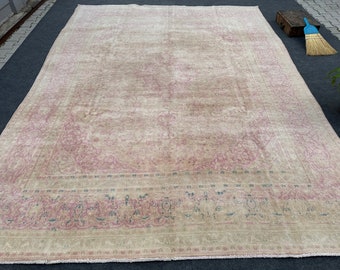 9x12 Handmade Oushak Wool Rug: Pink & Brown Vintage Turkish Area Rug