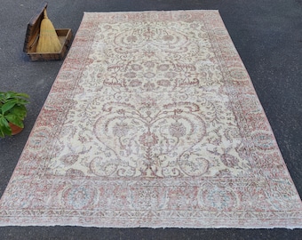 6x10 Vintage Oushak Wool Area Rug, Turkish Hand-Knotted Beige Red Rug, Anatolian Carpet, Bedroom, Dinimg Room Decor 6.5 x 9.7 ft