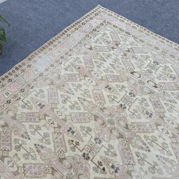 7x10 Vintage Oushak Wool Rug: Beige pink Turkish Area Rug